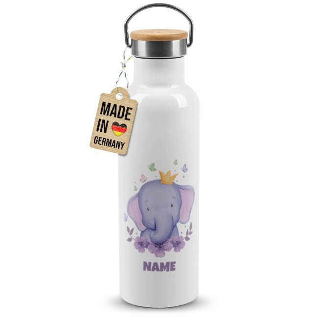 Tassendruck Trinkflasche mit Bambusdeckel - Elefant - mit Name - Weiß