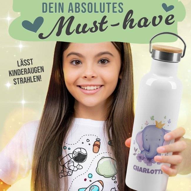 Tassendruck Trinkflasche mit Bambusdeckel - Elefant - mit Name - Weiß Letzte 3 Tage