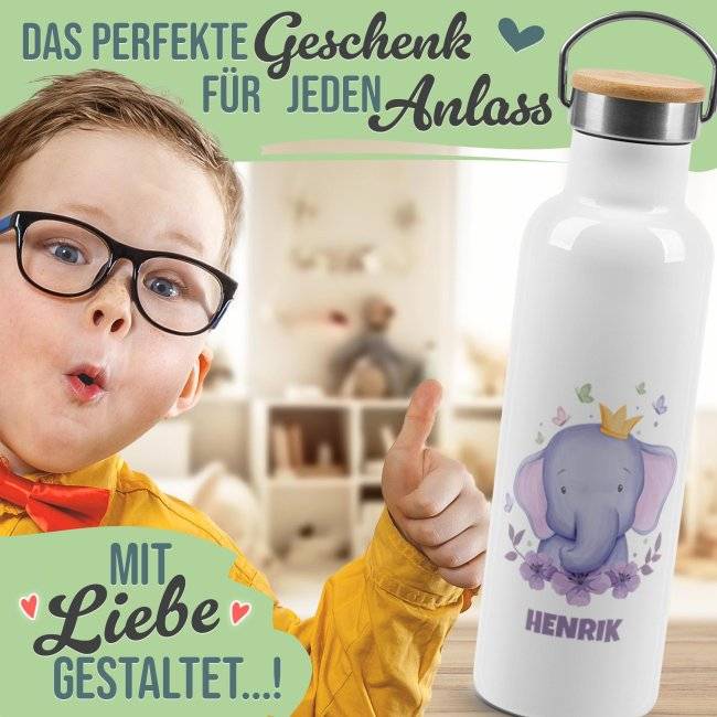 Tassendruck Trinkflasche mit Bambusdeckel - Elefant - mit Name - Weiß Letzte 3 Tage