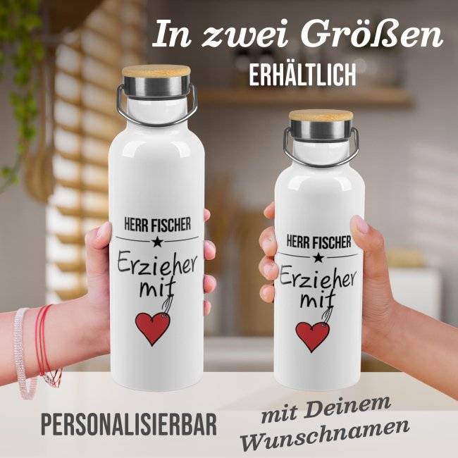 Tassendruck Trinkflasche mit Bambusdeckel - Erzieher mit Herz - mit Name JETZT KAUFEN