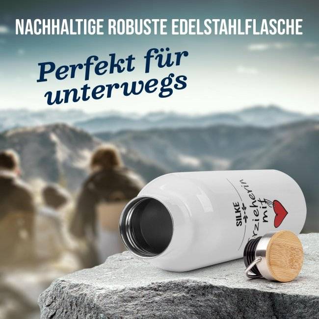 Tassendruck Trinkflasche mit Bambusdeckel - Erzieherin mit Herz - mit Name Neueste Stile