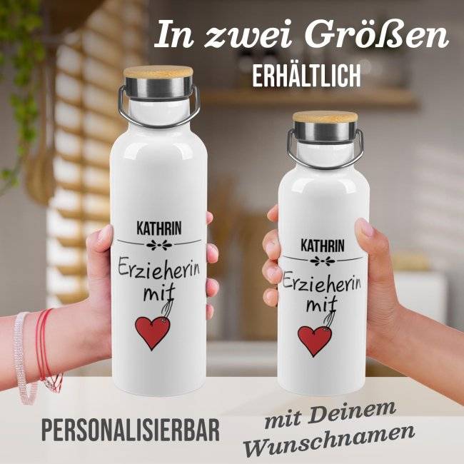 Tassendruck Trinkflasche mit Bambusdeckel - Erzieherin mit Herz - mit Name Neueste Stile
