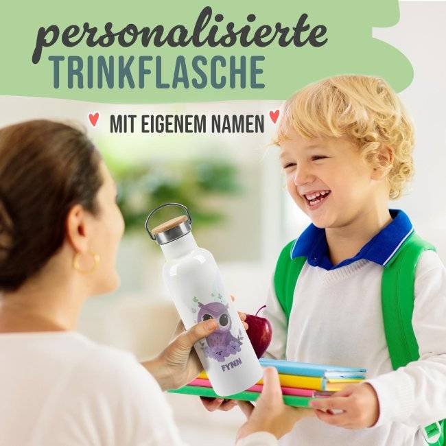 Tassendruck Trinkflasche mit Bambusdeckel - Eule - mit Name - Weiß Letzte 2 Tage