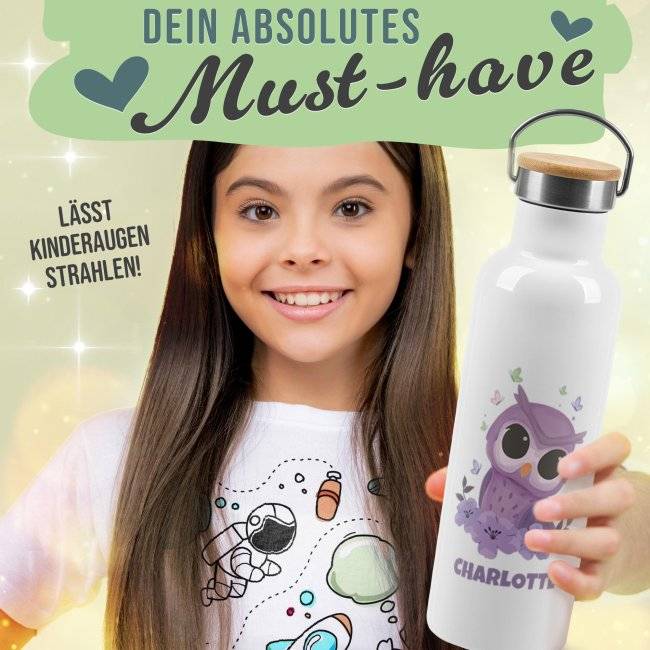 Tassendruck Trinkflasche mit Bambusdeckel - Eule - mit Name - Weiß Letzte 2 Tage
