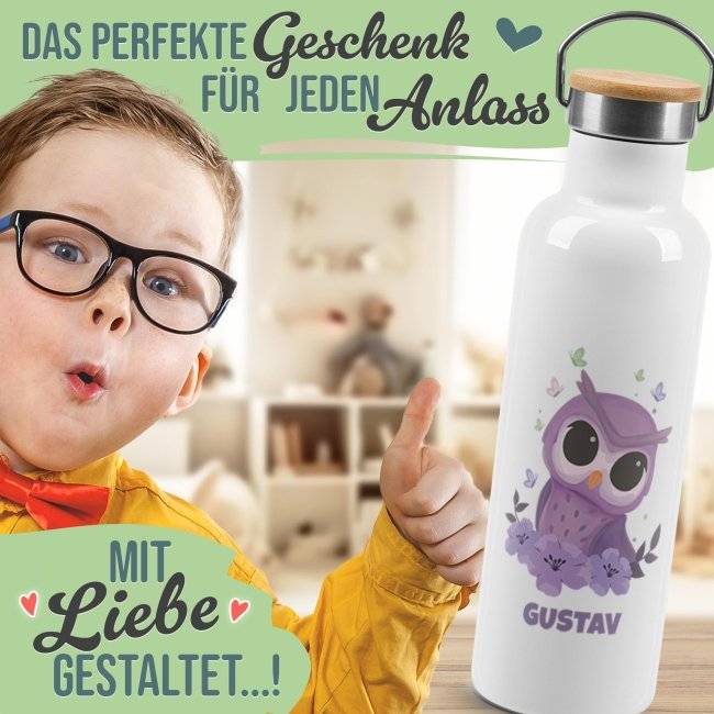 Tassendruck Trinkflasche mit Bambusdeckel - Eule - mit Name - Weiß Letzte 2 Tage