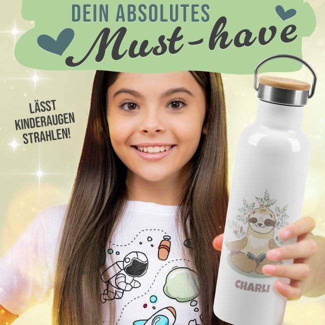 Tassendruck Trinkflasche mit Bambusdeckel - Faultier - mit Name - Weiß Zeitbegrenzte Promotion