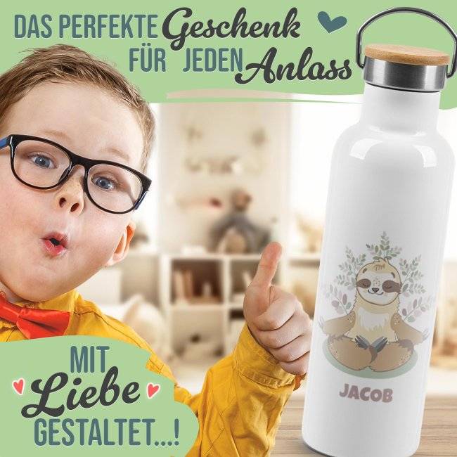 Tassendruck Trinkflasche mit Bambusdeckel - Faultier - mit Name - Weiß Zeitbegrenzte Promotion