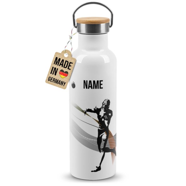 Tassendruck Trinkflasche mit Bambusdeckel - Football Silhouette - mit Name - Weiß