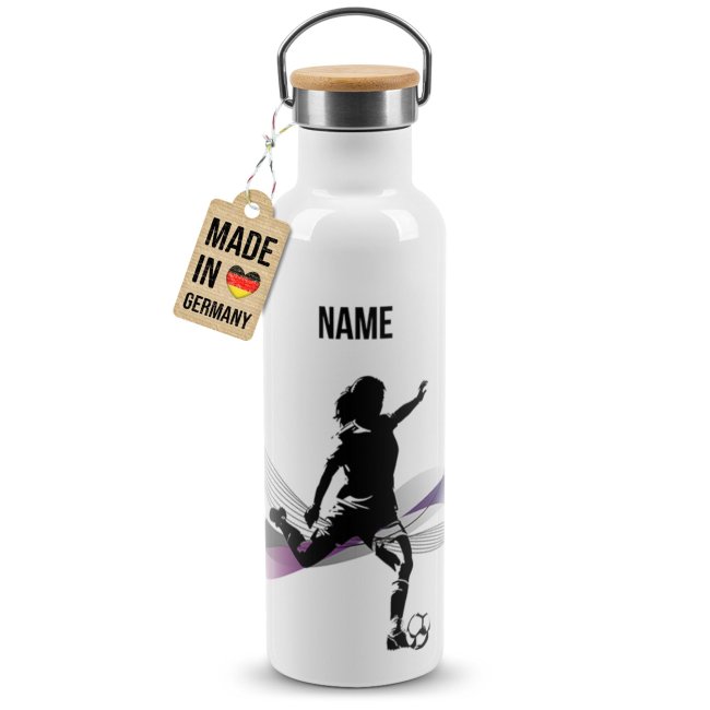 Tassendruck Trinkflasche mit Bambusdeckel - Fussball Silhouette Frau - mit Name - Weiß Bis zu 60% Rabatt