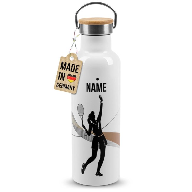 Tassendruck Trinkflasche mit Bambusdeckel - Tennis Silhouette Frau - mit Name - Weiß Nur für heute