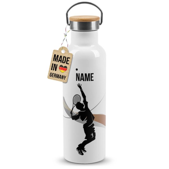 Tassendruck Trinkflasche mit Bambusdeckel - Tennis Silhouette Mann - mit Name - Weiß Sonderangebot der Fabrik