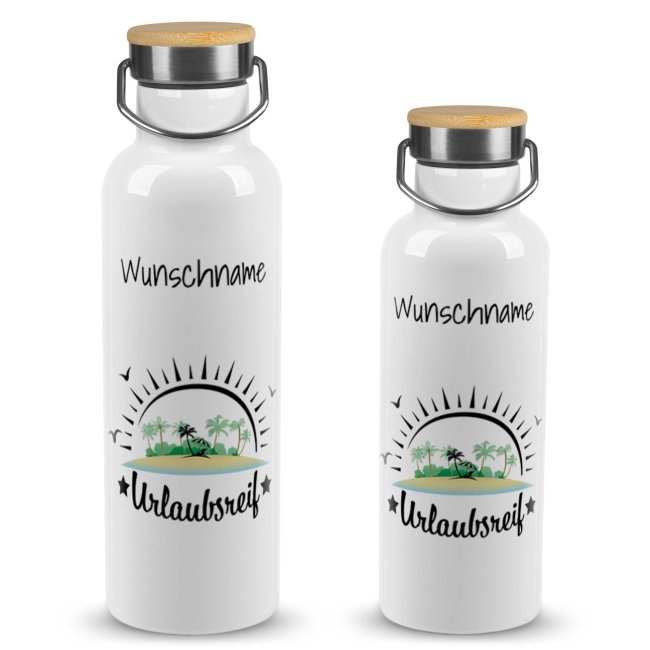 Tassendruck Trinkflasche mit Bambusdeckel - Urlaubsreif - mit Name - Weiß Vierteljährliche Förderung