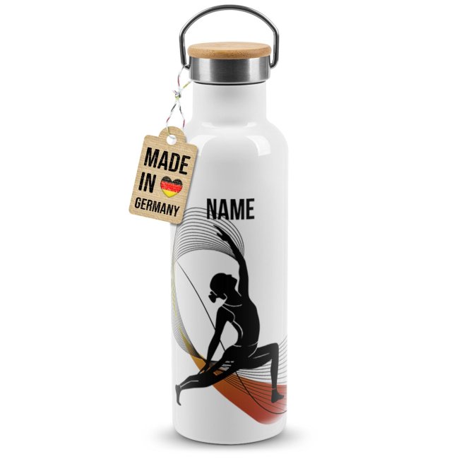Tassendruck Trinkflasche mit Bambusdeckel - Yoga Silhouette Frau - mit Name - Weiß