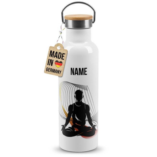 Tassendruck Trinkflasche mit Bambusdeckel - Yoga Silhouette Mann - mit Name - Weiß