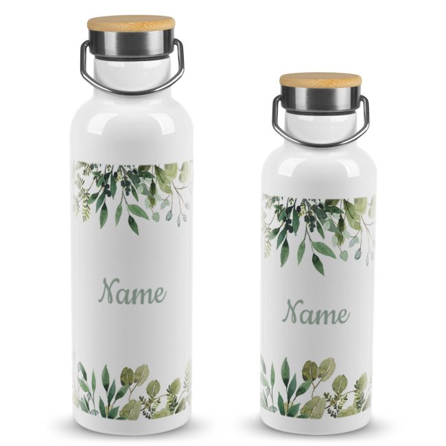 Tassendruck Trinkflasche mit Bambusdeckel - Zweige - mit Name - Weiß 50% Rabatt mit kostenlosem Versand