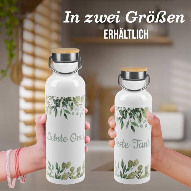 Tassendruck Trinkflasche mit Bambusdeckel - Zweige - mit Name - Weiß 50% Rabatt mit kostenlosem Versand