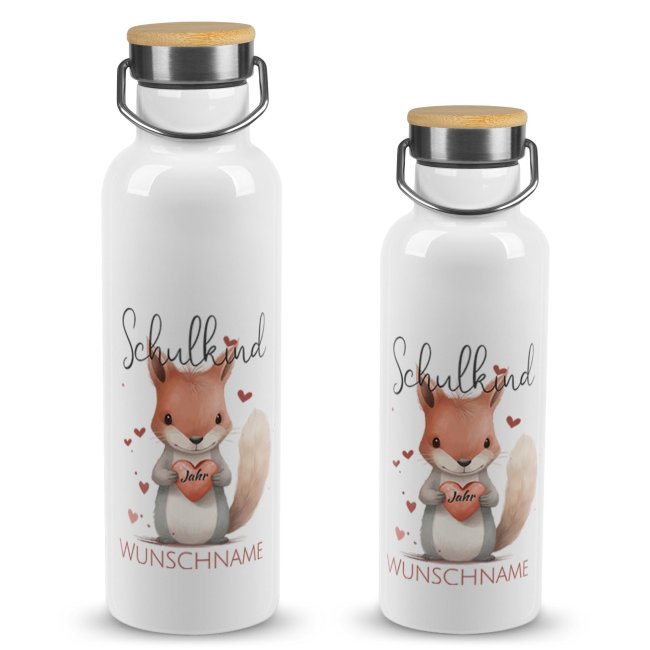 Tassendruck Trinkflasche mit Bambusdeckel zur Einschulung - mit Name & Jahr - Schulkind, Eichhörnchen Kostenloser Versand international