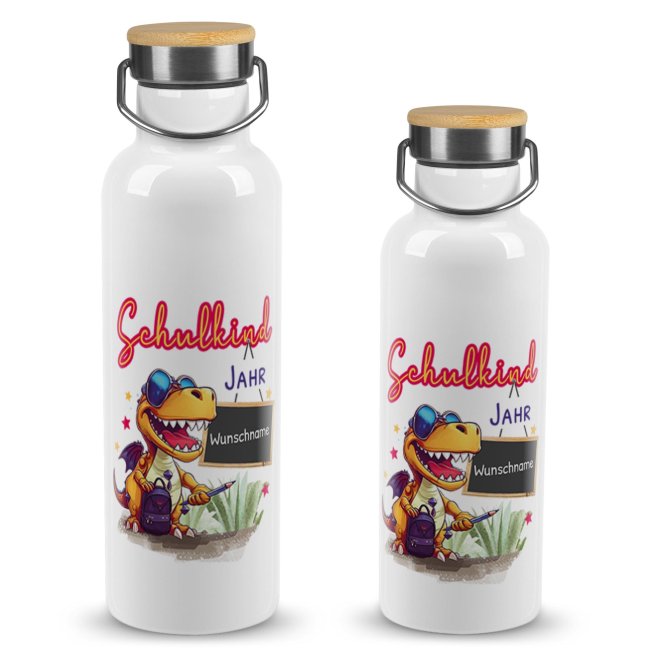 Tassendruck Trinkflasche mit Bambusdeckel zur Einschulung - Schulkind Dino - mit Name & Jahr gestalten Speichern exportieren
