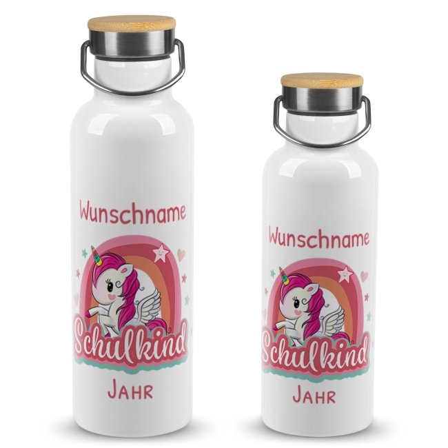 Tassendruck Trinkflasche mit Bambusdeckel zur Einschulung - Schulkind Einhorn - mit Name & Jahr gestalten